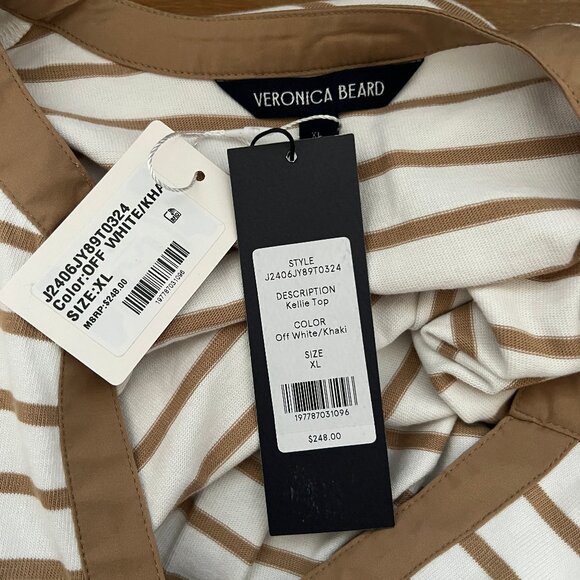 VERONICA BEARD Kellie Tan/White Striped Puff-Sleeve Top NWT XL - Picture 9 of 9
